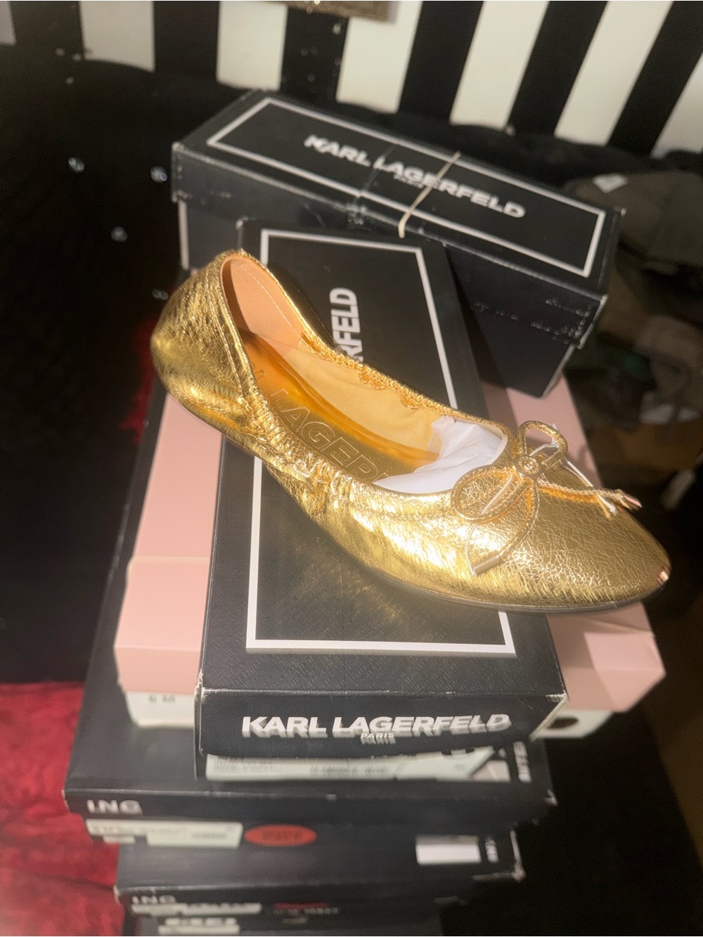 Karl Lagerfeld Metallic Gold Bow Ballet Flat